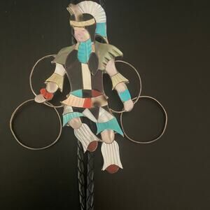 Jonathan Beyuka Silver Multi Stone Inlay Southwest Zuni Hoop Dancer Bolo Tie